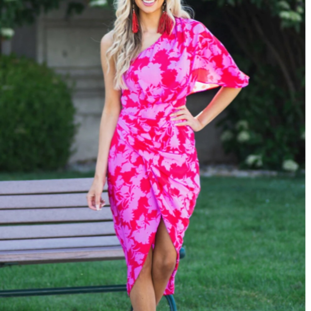 DO+BE Pink & Red One Shoulder Midi Dress